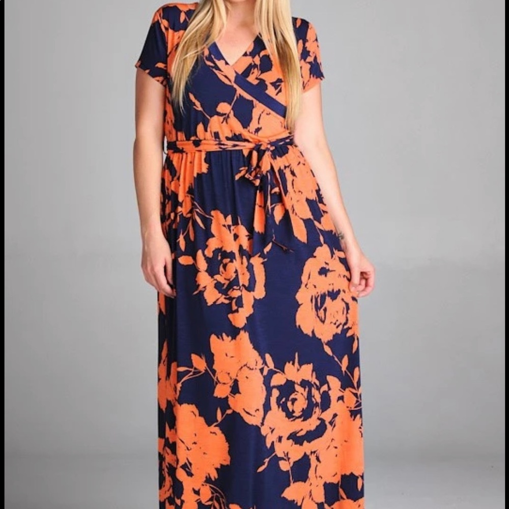 Meri Skye 2x navy and orange maxi dress